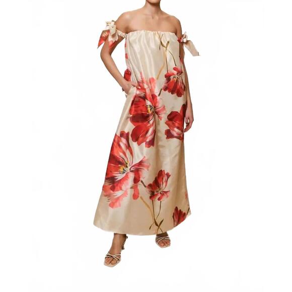 NEW HUTCH iris bow tie maxi dress in taupe/watercolor bloom